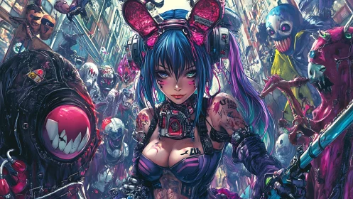 Neon warrior strides boldly through a chaotic monster alley