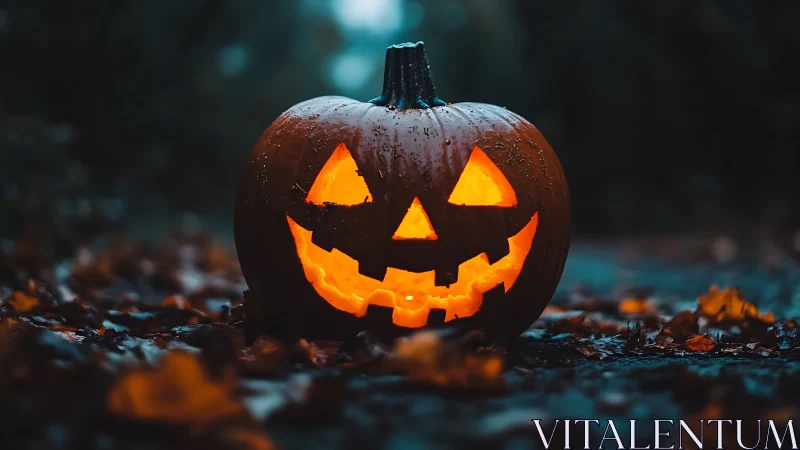 Jack-o-lantern pumpkin glowing on wet autumn ground.