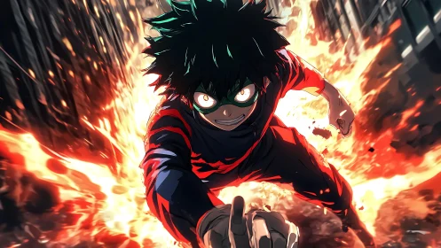 Fiery hero charging forward through a blazing city street.