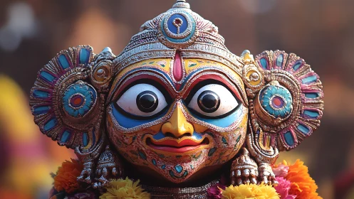 Vibrant ceremonial mask radiates color and festive devotion