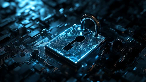Metallic padlock icon rests on illuminated circuit board