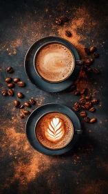 Moody overhead coffee scene with latte art and cocoa dust.