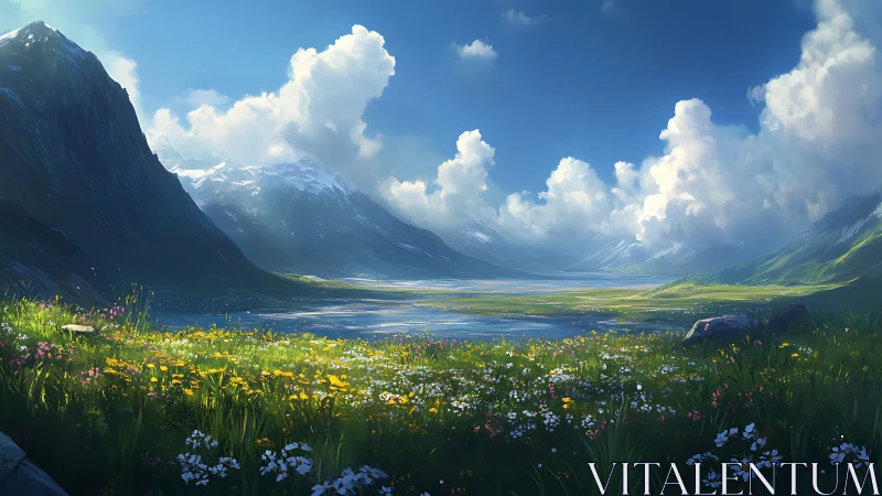 Bright alpine valley with wildflowers, lake, and high peaks.