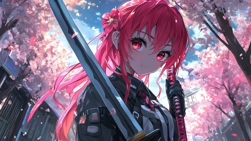 Cherry blossom swordswoman in tactical gear under spring sky.