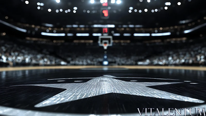 Low-angle black hardwood court with central star emblem