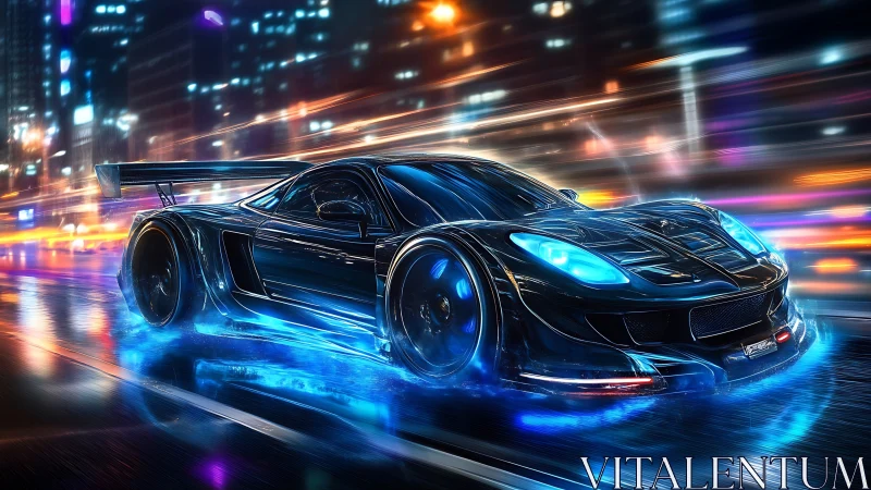 Neon street racer car slicing through futuristic city night.