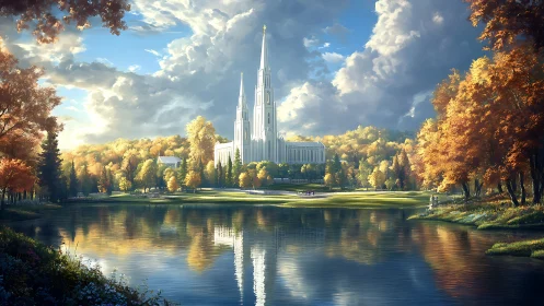 Sunlit cathedral spires rise above tranquil autumn lake.