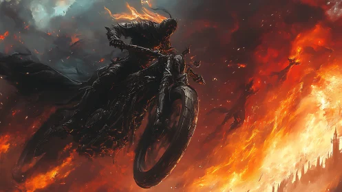 Infernal rider on combustion-torqued bike over lava front.
