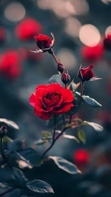 Blooming red rose with closed buds against blurred background bokeh
