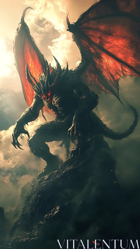 Infernal winged demon towering above stormlit clouds.