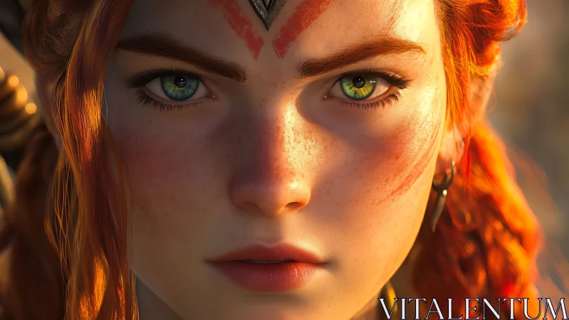 Focused red haired warrior girl in detailed closeup portrait.