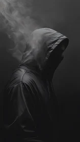 Hooded figure in dark studio with drifting smoke trail.