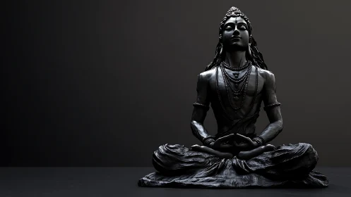 Dark metallic statue of meditating deity in lotus pose.