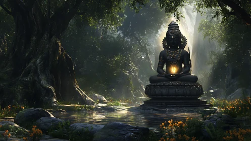 Meditating stone deity holds radiant light in forest shrine