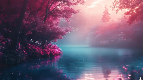 Cotton candy forest leans over a neon misted dreamlake