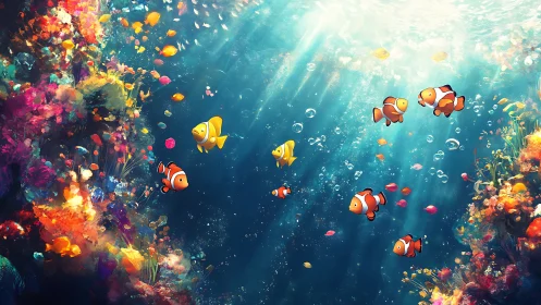 Sunlit clownfish parade drifting through a rainbow reef.