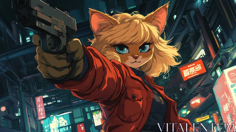 Armed cat detective aims handgun in neon city street.