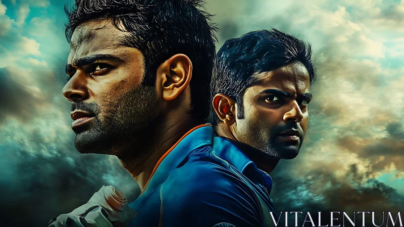 Dual portrait shows two intense male athletes against clouds