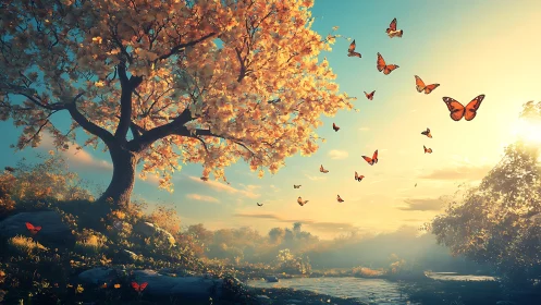 Butterflies move across sunlit riverside tree at dusk