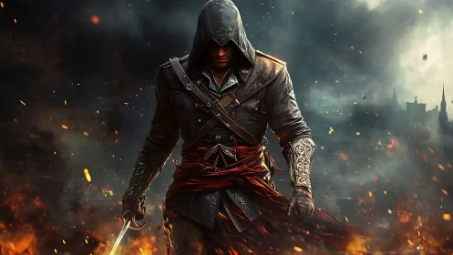 Hooded rogue strides through embers toward a ruined skyline.