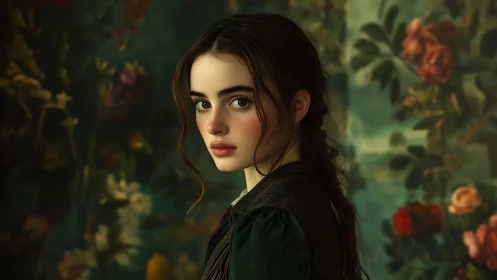 Cinematic portrait girl with floral baroque backdrop in teal tones.