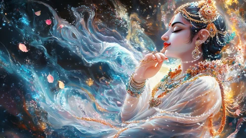 Celestial muse in jeweled silence drifting through stardust.