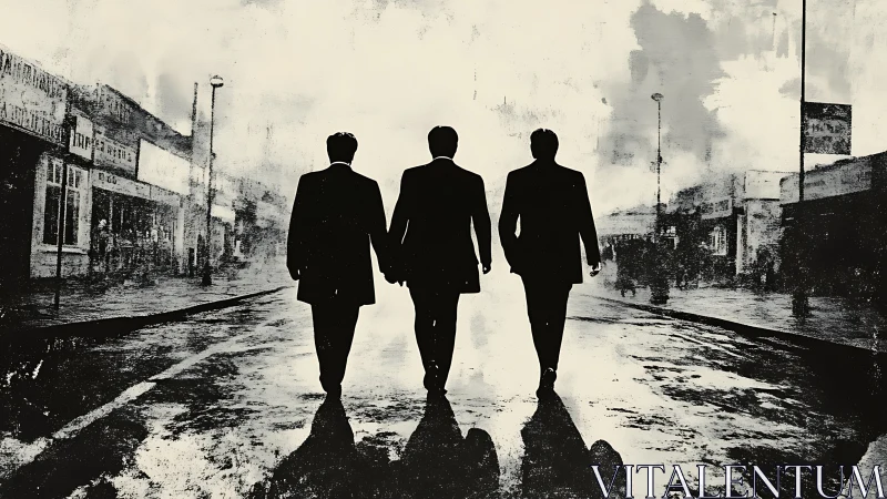 Three suited figures walk down a wet urban street at dusk