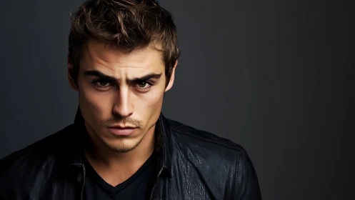 Moody male portrait with intense gaze in dark leather jacket.