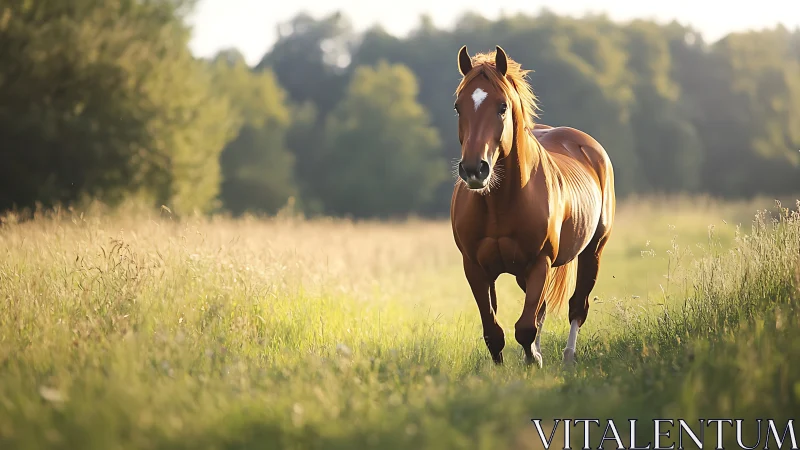 Sunlit chestnut horse walking through shallow depth-of-field meadow