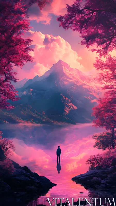 Solitary figure contemplates neon twilight mountainscape