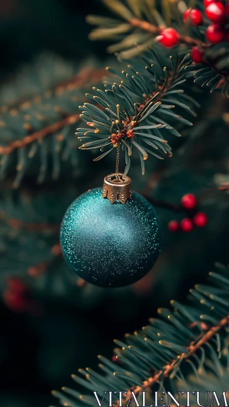Photorealistic close-up of teal ornament on evergreen bough.