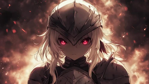 Armored anime warrior with glowing red eyes amid flames.
