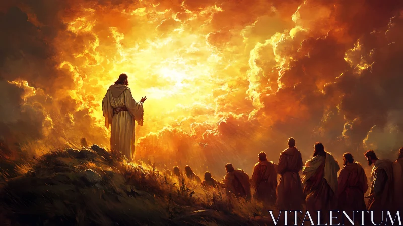 Radiant ascension tableau with volumetric clouds and disciples.