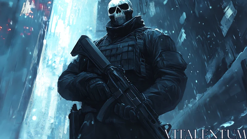 Skull-masked soldier grips rifle in frozen neon alleyway
