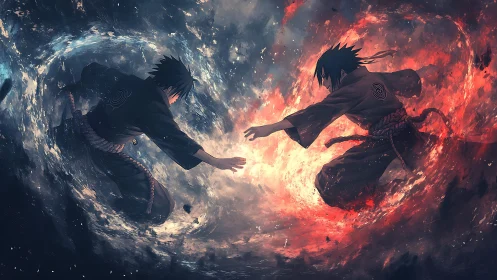 Twin figures converge between opposing fire and water fields