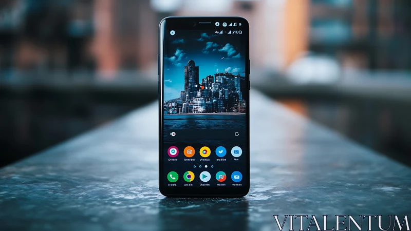 Smartphone displaying urban skyline with illuminated app interface