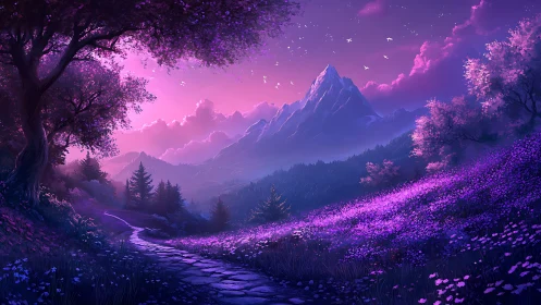 Dreamy twilight path through glowing violet mountain meadows.