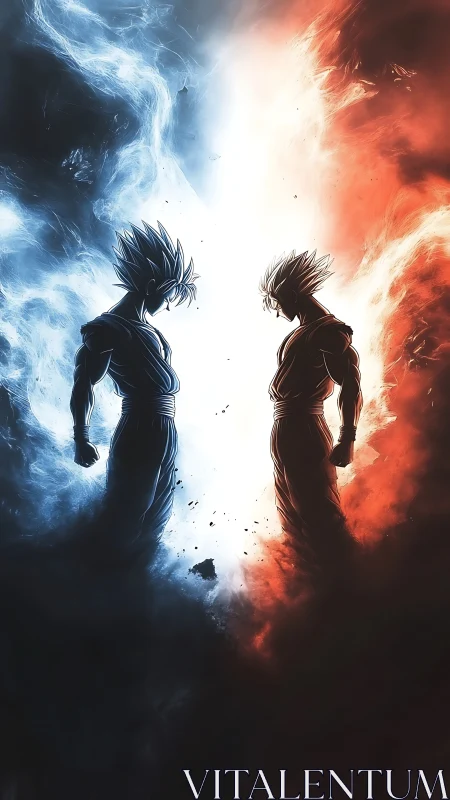 Bilateral anime fighters in opposing blue and red elemental auras