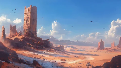 Monolithic desert ruin rises over arid sci fi canyon vista