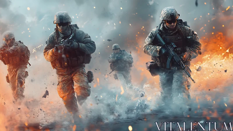 Modern soldiers advance through explosions in combat zone.