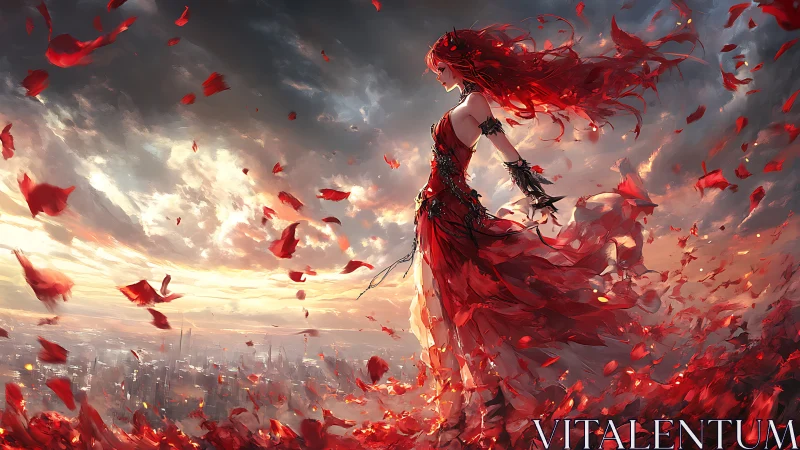 Flame-haired sky sorceress over burning red cityscape.