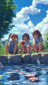 Summer sky leans close as three friends guard a sleepy pond