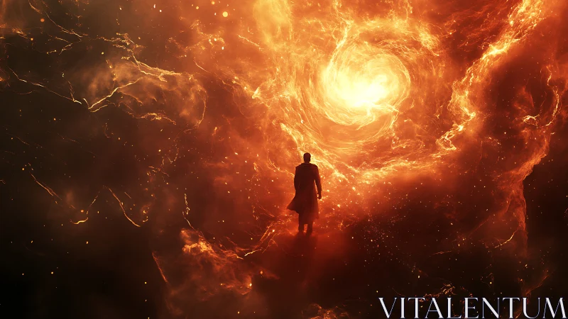 Solitary figure approaches swirling stellar vortex in fiery nebular field