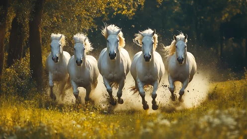 Galloping white horses charge through glowing forest meadow.
