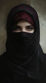 Mysterious veiled woman with warm eyes and rich black drapery.