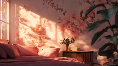 Sunlit florals drift softly across a tranquil blush bedroom