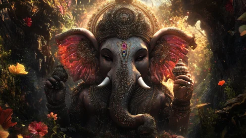 Radiant Ganesha deity glows in a lush, enchanted forest shrine