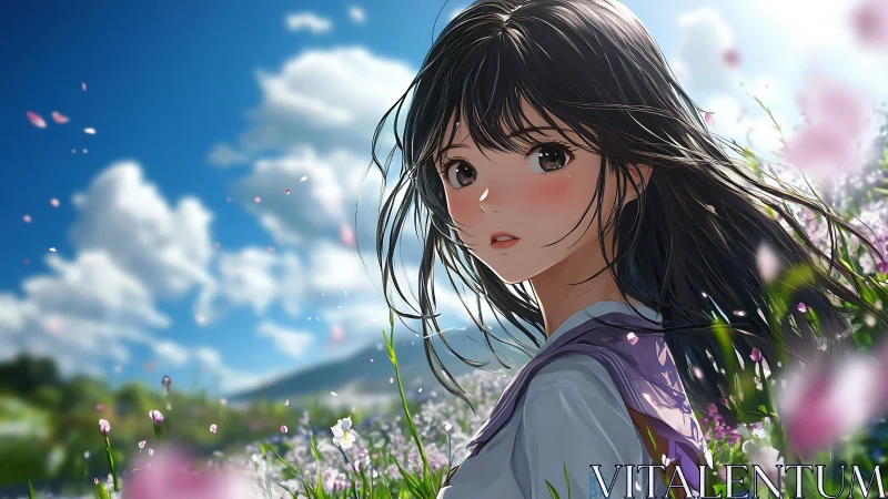 Anime schoolgirl portrait in windswept spring meadow setting.