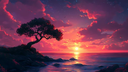 Digital sunset seascape with silhouetted coastal tree composition.