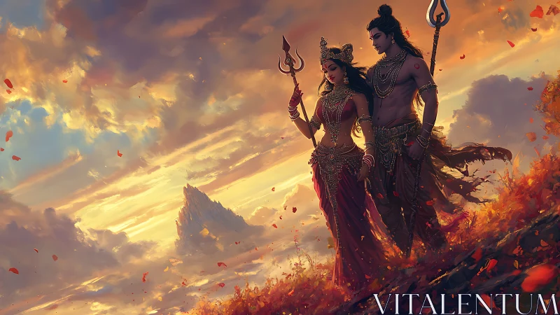 Divine couple walking through fiery dusk clouds and petals.